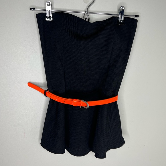 TeenBell Tops - NWT! TEENBELL strapless black belted peplum top. Orange belt. Size small.